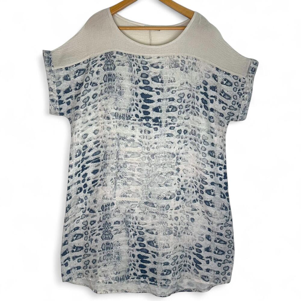 Lungo L'Arno Boxy Linen Dress Size 1X Blue Gray Animal Print Mesh Shirt Dress - Picture 12 of 12
